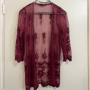 OBOE Embroidered Lace Kimono S Burgundy Whimsigoth Dark Fairy Gothic Boho Duster